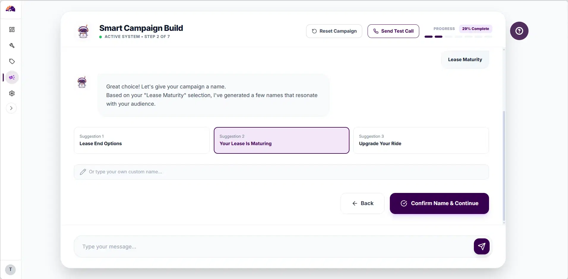 CarBoard campaign naming step with AI-generated suggestions
