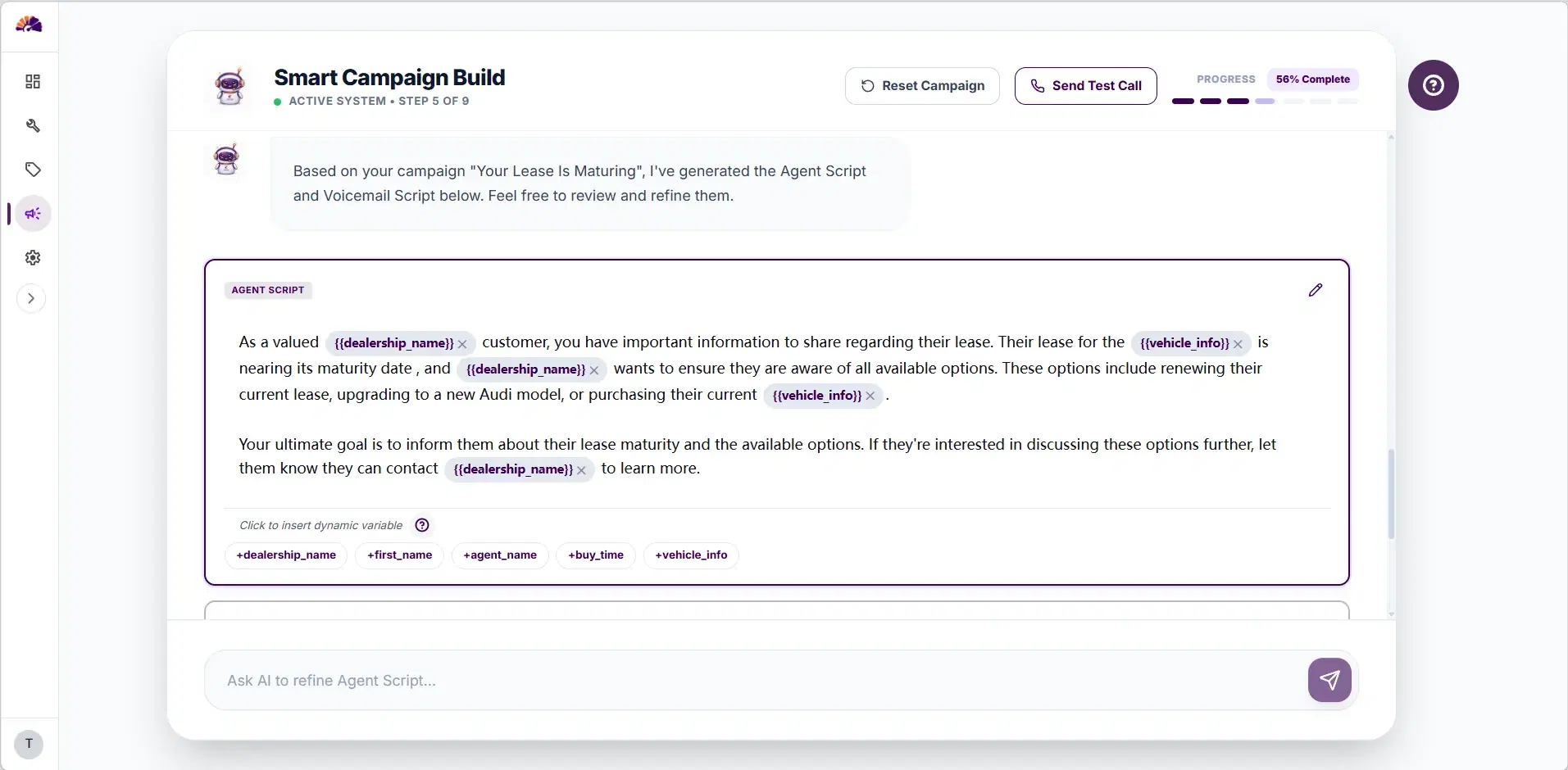 CarBoard agent script editor with dynamic variable placeholders