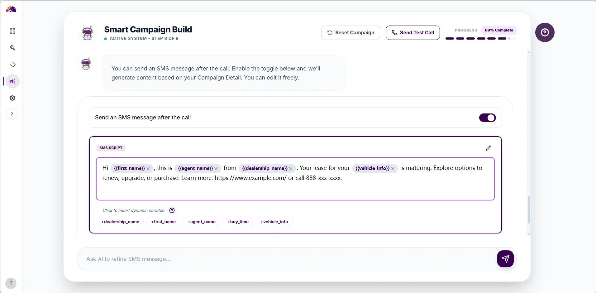 CarBoard SMS follow-up configuration with message preview